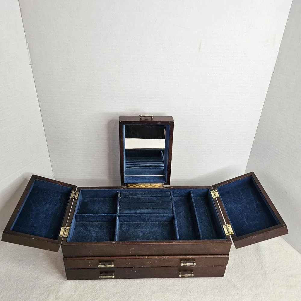 VTG Mid Century Modern Wood Jewelry Box 2 Drawer Blue Velvet Lined MCM Mirror